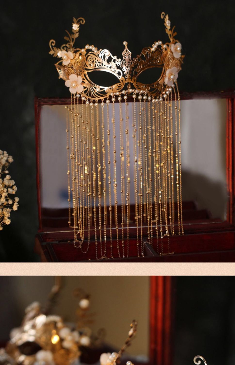 复古风汉服面具装造型道具面帘女写真流苏仙气遮面金色配饰头饰品