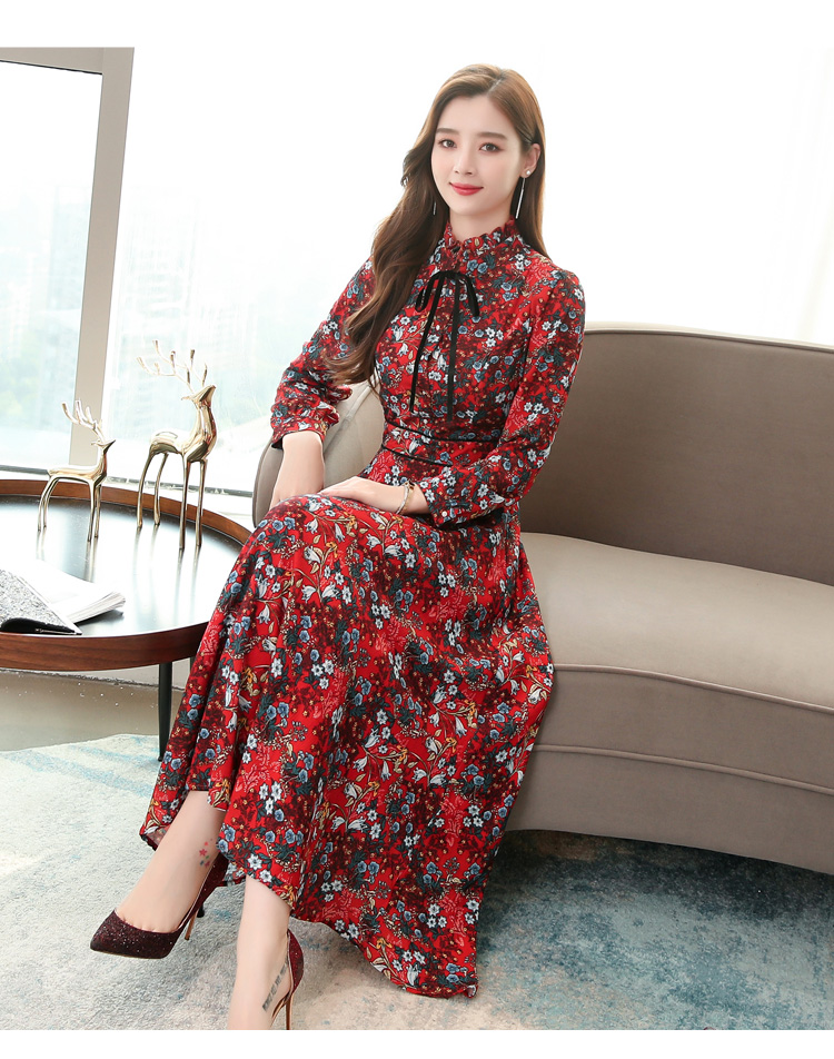 佐露丝长袖连衣裙女2021春季新款女装韩版修身显瘦碎花裙子红色雪纺