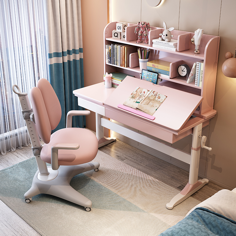 梵宜实木书桌学习桌椅套装可升降带储物书架抽屉小孩写字桌小学生课桌