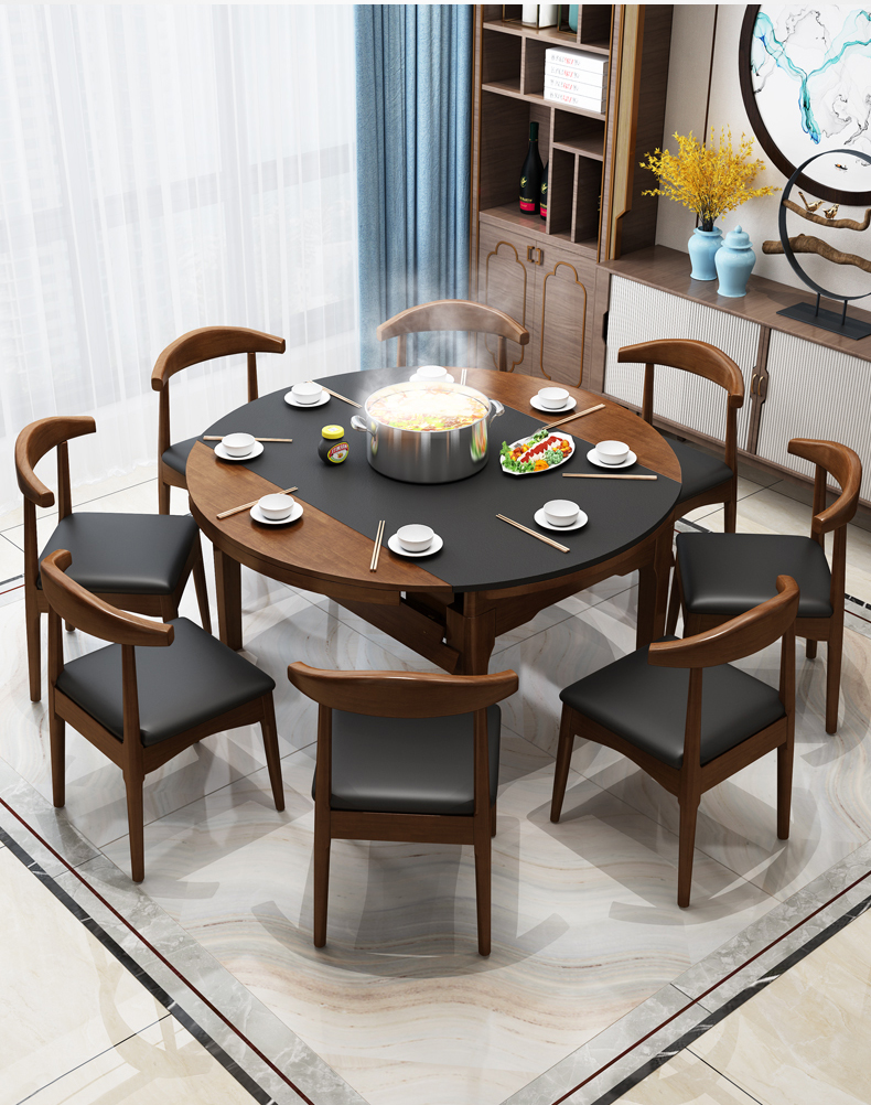 餐桌椅组合家用现代简约可伸缩北欧小户型饭桌带电磁炉大理石实木圆桌