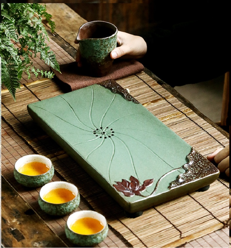 cc茶盘家用陶瓷长方茶托盘创意储水茶海荷花禅意小茶台茶具茶盘3种可