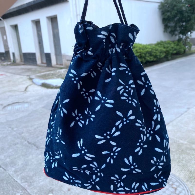 《乌镇手工蓝印花布抽带包抽绳束口手提包妈妈买菜包化妆品收纳包