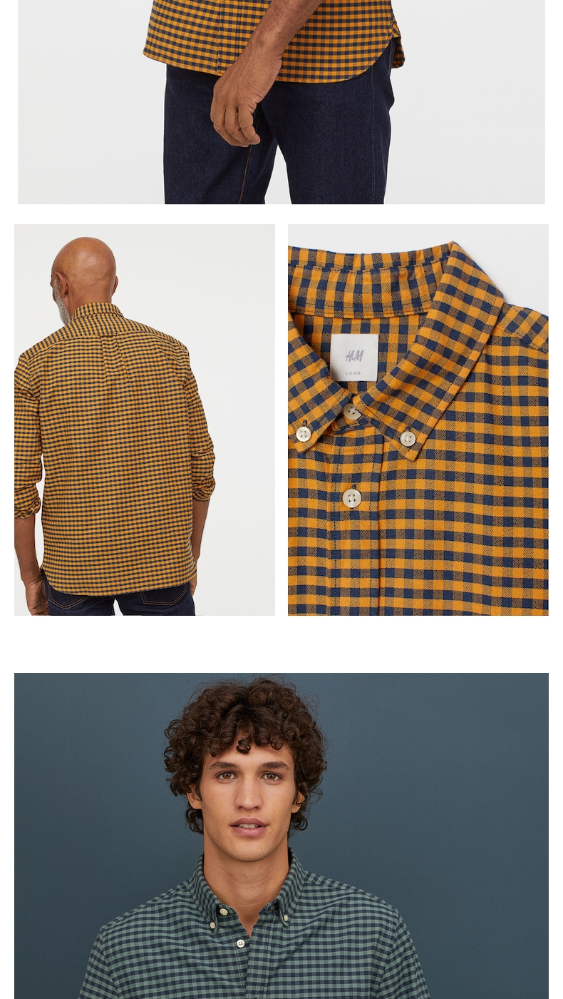 hm 男装衬衫 时尚修身休闲格纹纯棉长袖衬衫男