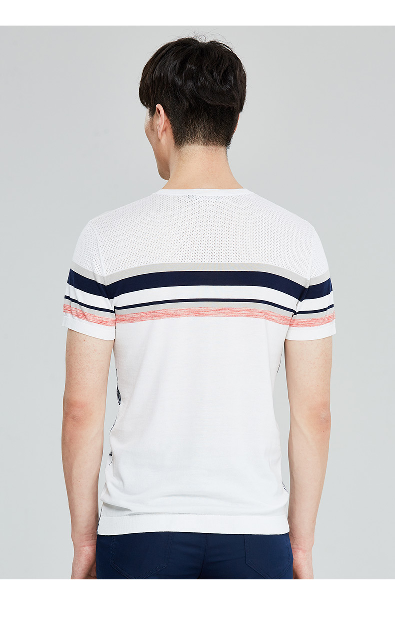 才子男装tries针织短袖t恤男士夏季新款修身条纹植物印花条纹透气体恤