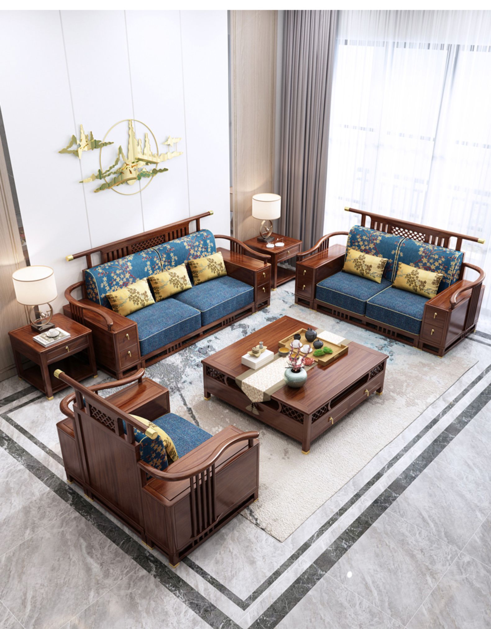闪电客客厅家具套装sf801 新中式全实木沙发闪电客别墅现代轻奢客厅