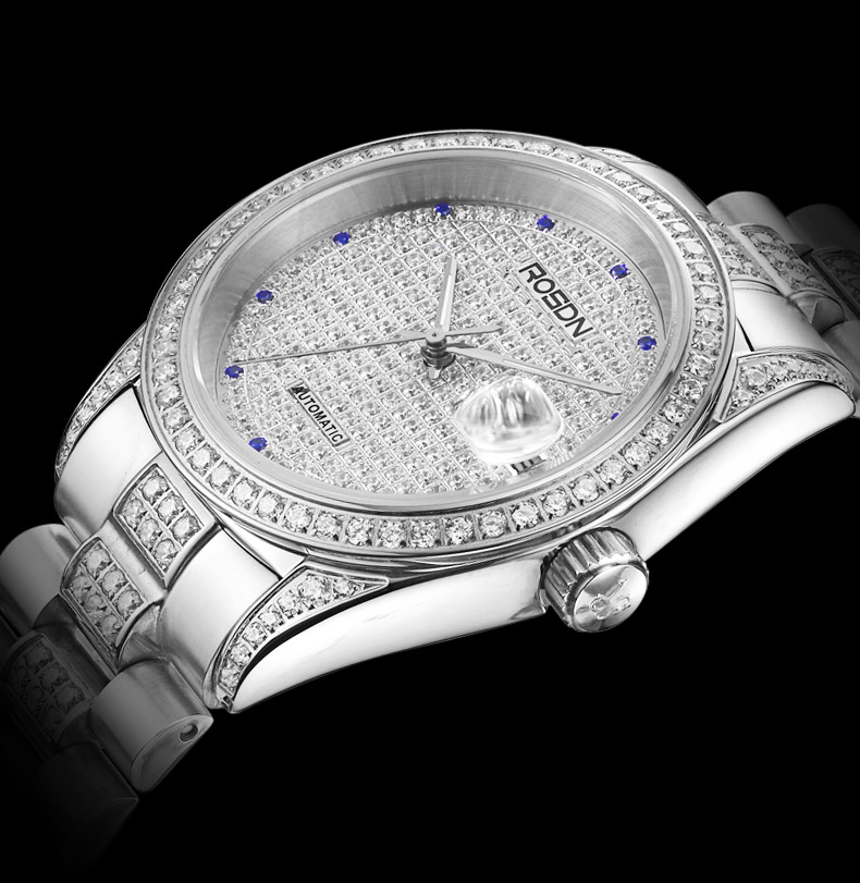 劳士顿(rosdn)正品满天星手表情侣自动机械表时尚商务男表镶钻国产