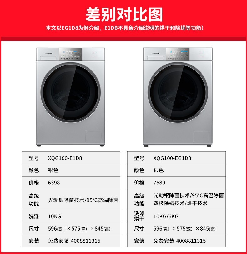 松下(panasonic)新品爱妻号10公斤大容量滚筒洗衣机xqg100-eg155/eg