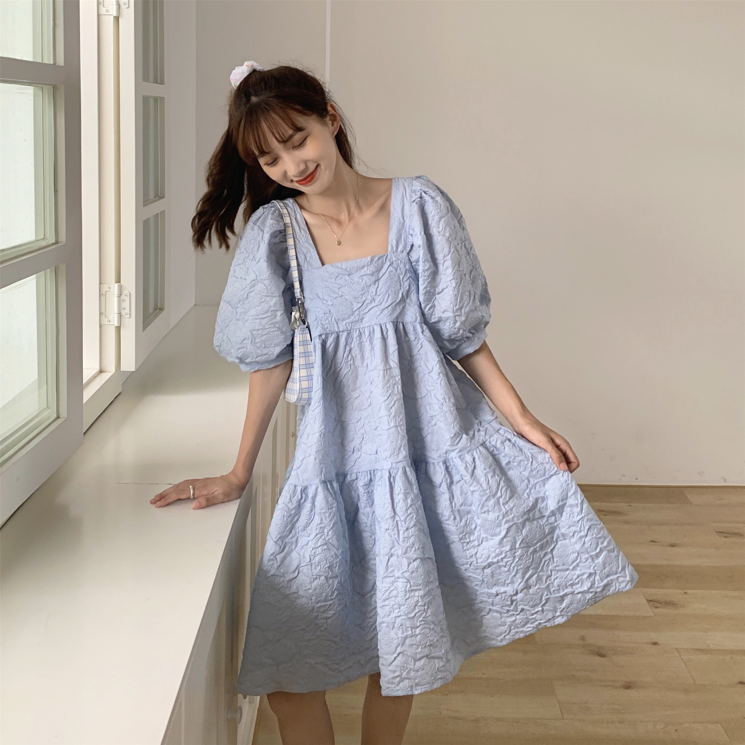 2020夏装新款甜美少女方领泡泡袖连裙宽松显瘦褶皱小个子娃娃裙