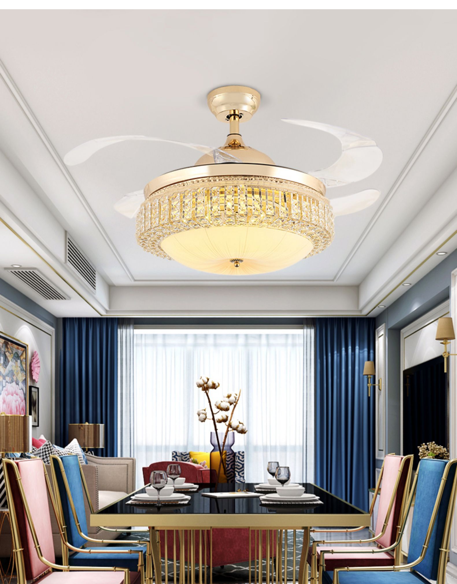 水晶隐形风扇灯现代吊灯加风扇的灯带蓝牙音乐音响客厅餐厅