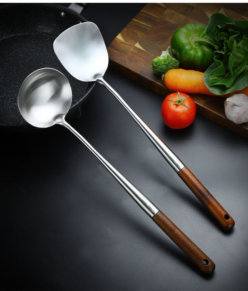 炒菜勺子家用加厚锅铲套装木柄把汤勺锅勺 敬平 厨师铲勺两件套【价格