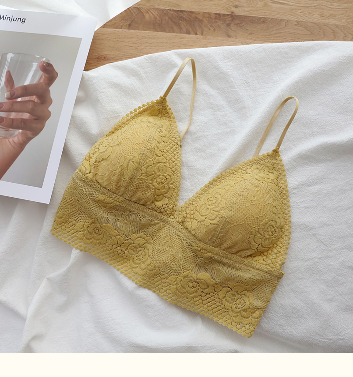 蕾丝bralte三角杯细肩带吊带内衣无钢圈薄杯带插垫舒适