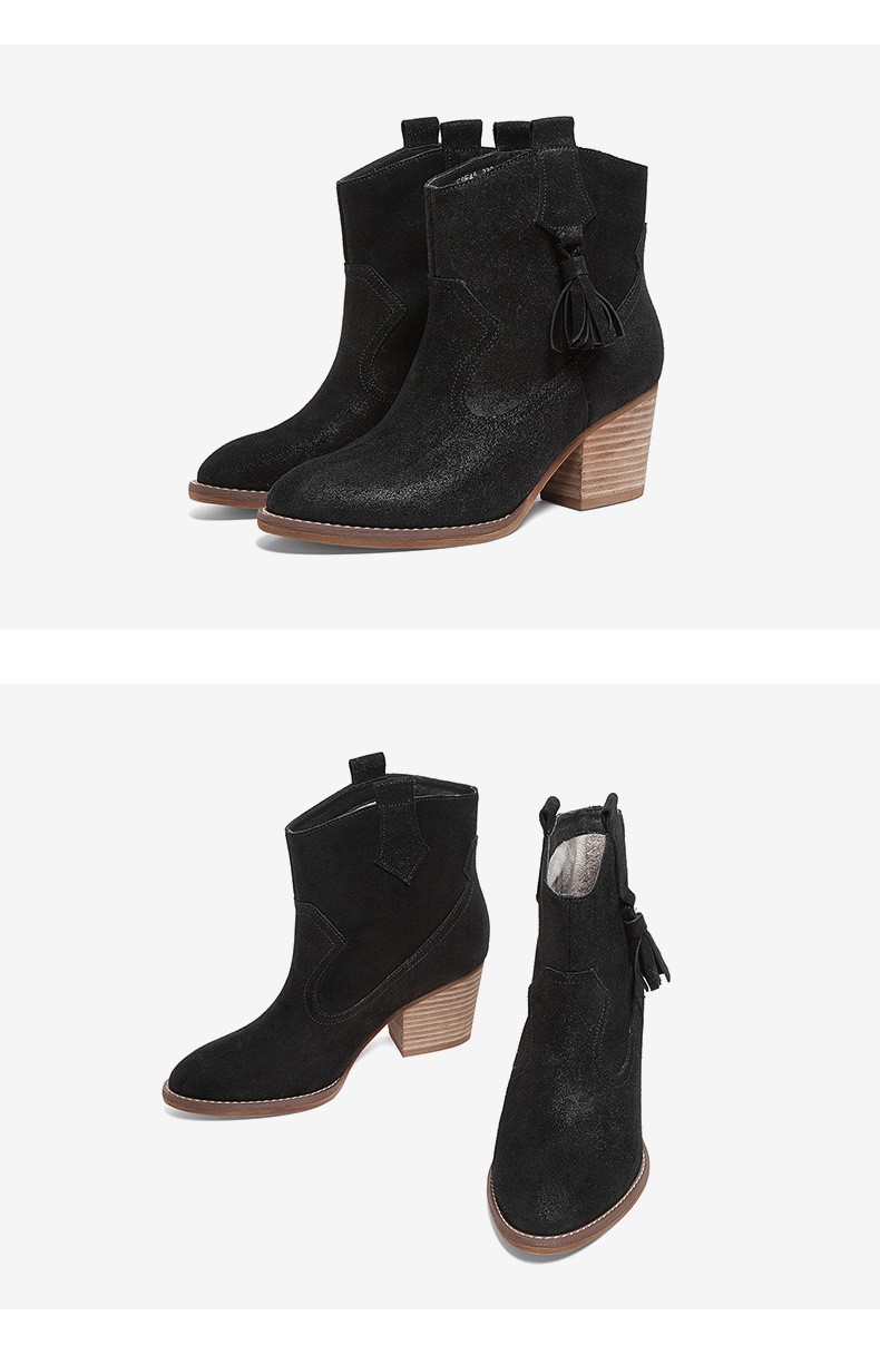 天美意(teenmix)女士靴子 teenmix/天美意2019冬新款复古流苏粗跟牛