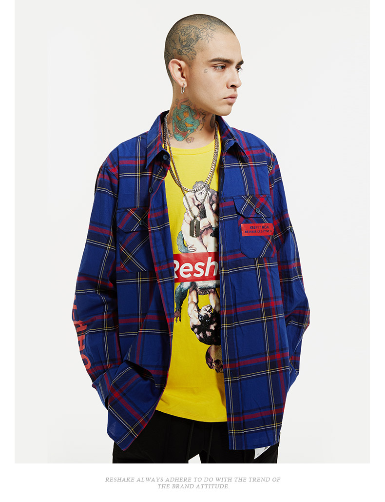 马克华菲潮牌reshake华菲型格2019夏季新款长袖格子衬衫ins潮男商场