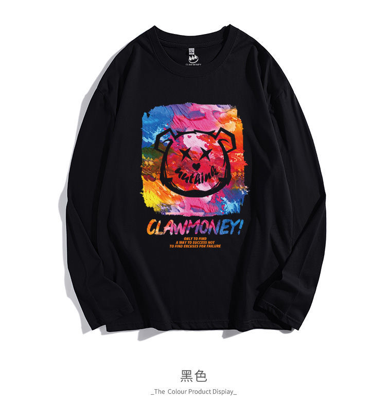 clawmoney长袖t恤男纯棉圆领时尚潮流印花多色百搭打底衫上衣