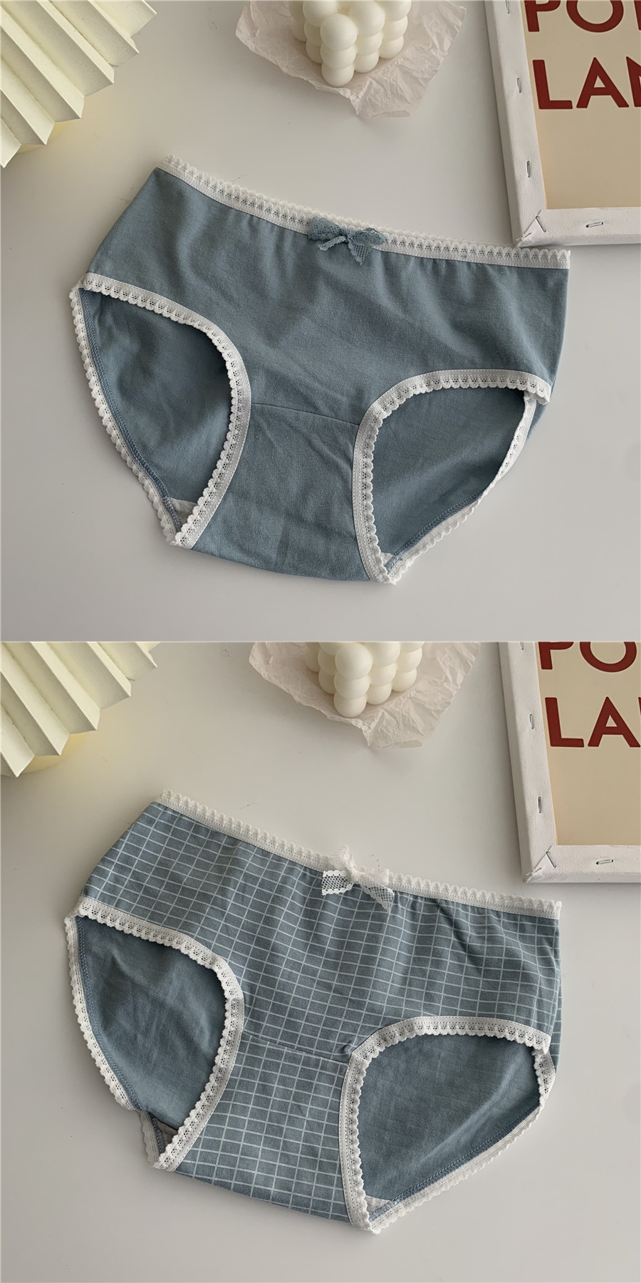 苏芈~韩版蓝白系爱心蝴蝶结少女中腰学生三角内裤