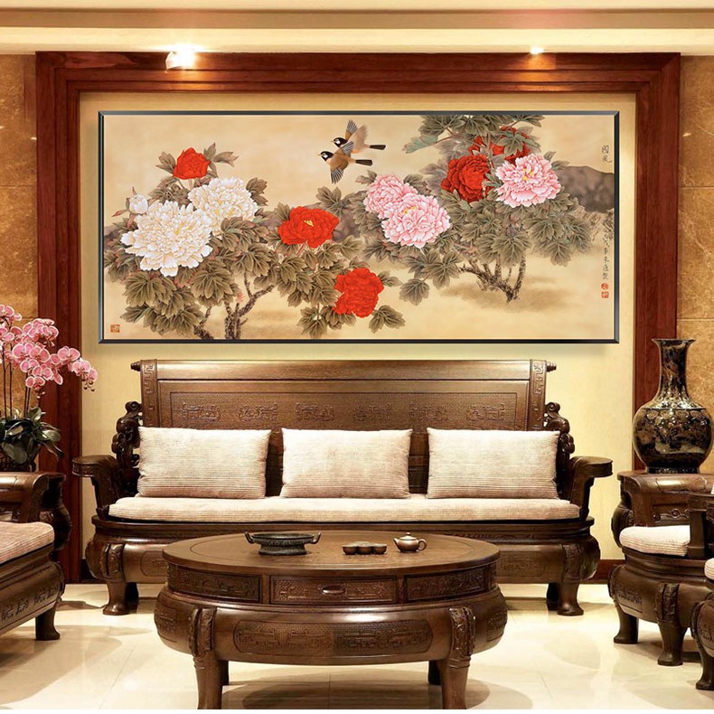富贵牡丹图壁画沙发背景墙装饰画现代大气中式中堂画客厅挂画农村堂屋