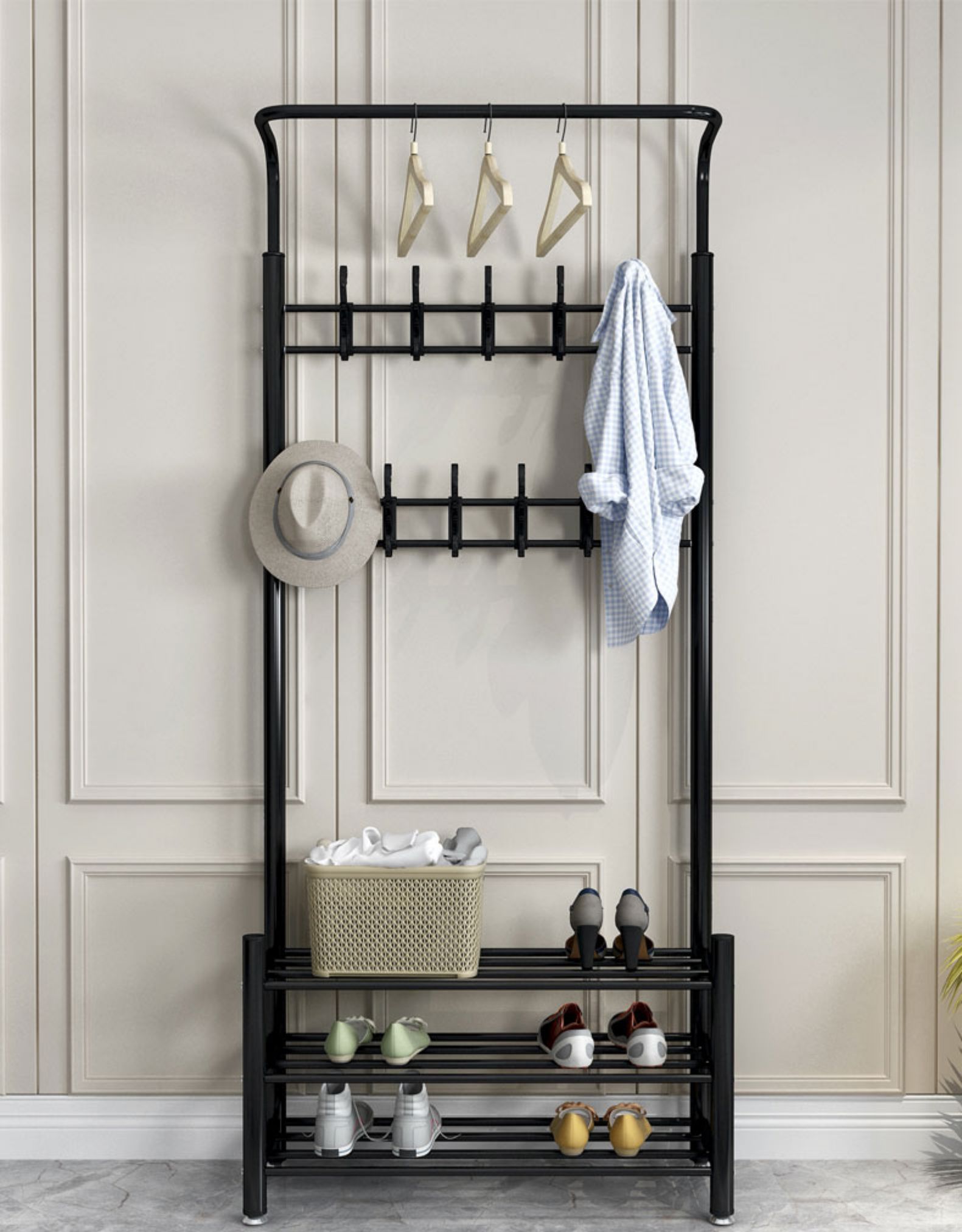 简易衣帽架鞋架一体组合挂衣架落地卧室客厅家用厅玄关换鞋凳子