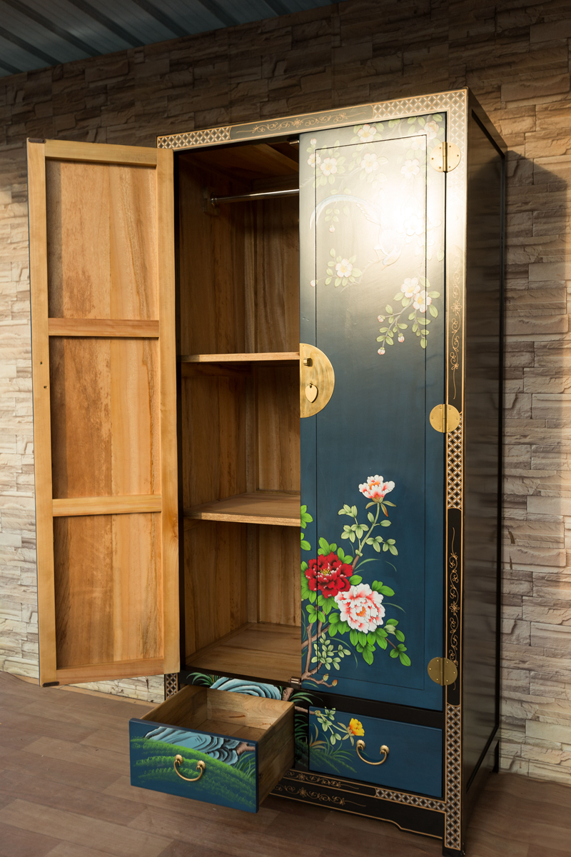 手绘衣柜新中式香樟木实木衣柜仿古衣柜古典彩绘定制卧室双衣柜