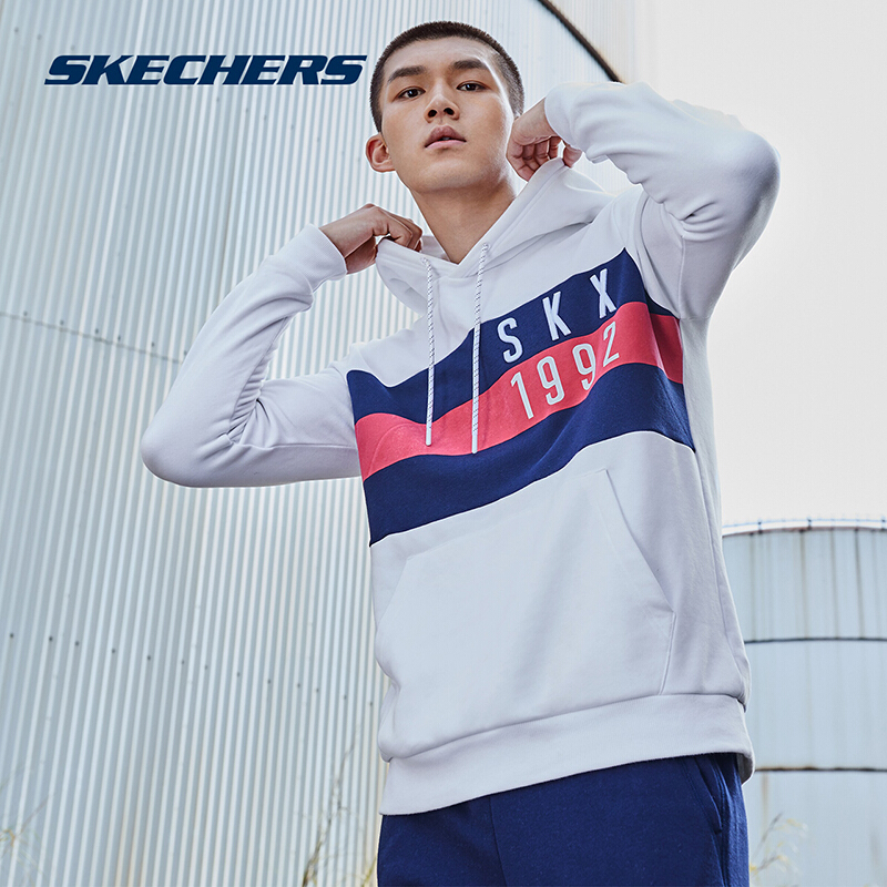 skechers斯凯奇男装威神v同款字母刺绣保暖加绒连帽卫衣