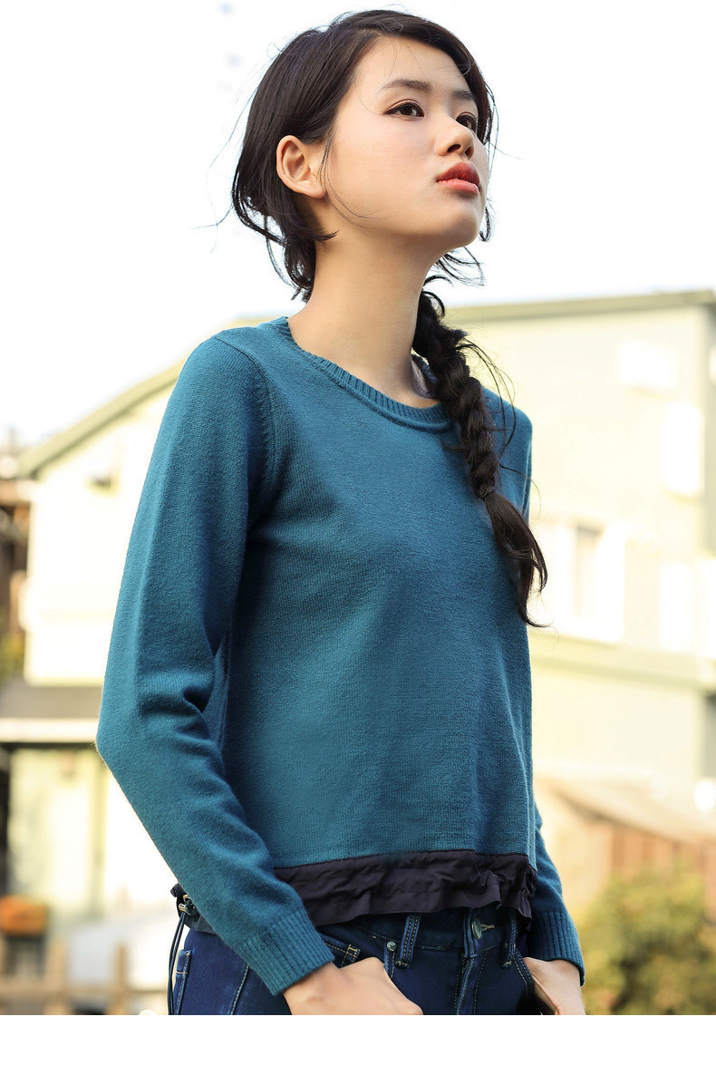 茵曼女装冬装新款时尚撞布拼接抽头毛针织衫女毛衣宽松上衣