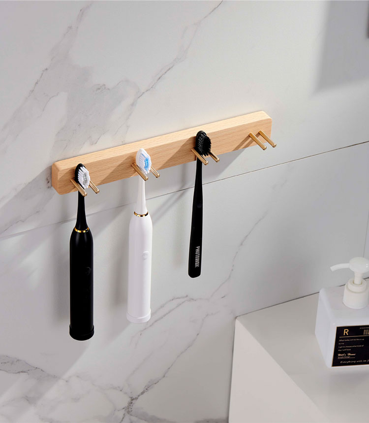 三维工匠牙刷挂架免打孔卫生间置物架原木黄铜简约洗漱台收纳电动牙刷