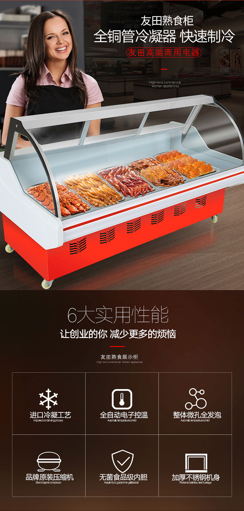 5】 友田(youtian)熟食商用展示柜 豪华圆弧后开门冰柜卧式展示柜