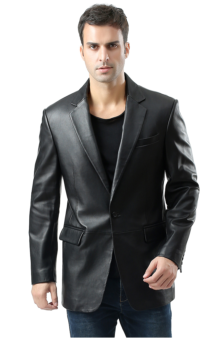 luxury lane男士一粒扣真皮西装 男士绵羊皮商务休闲西装外套 l 黑色