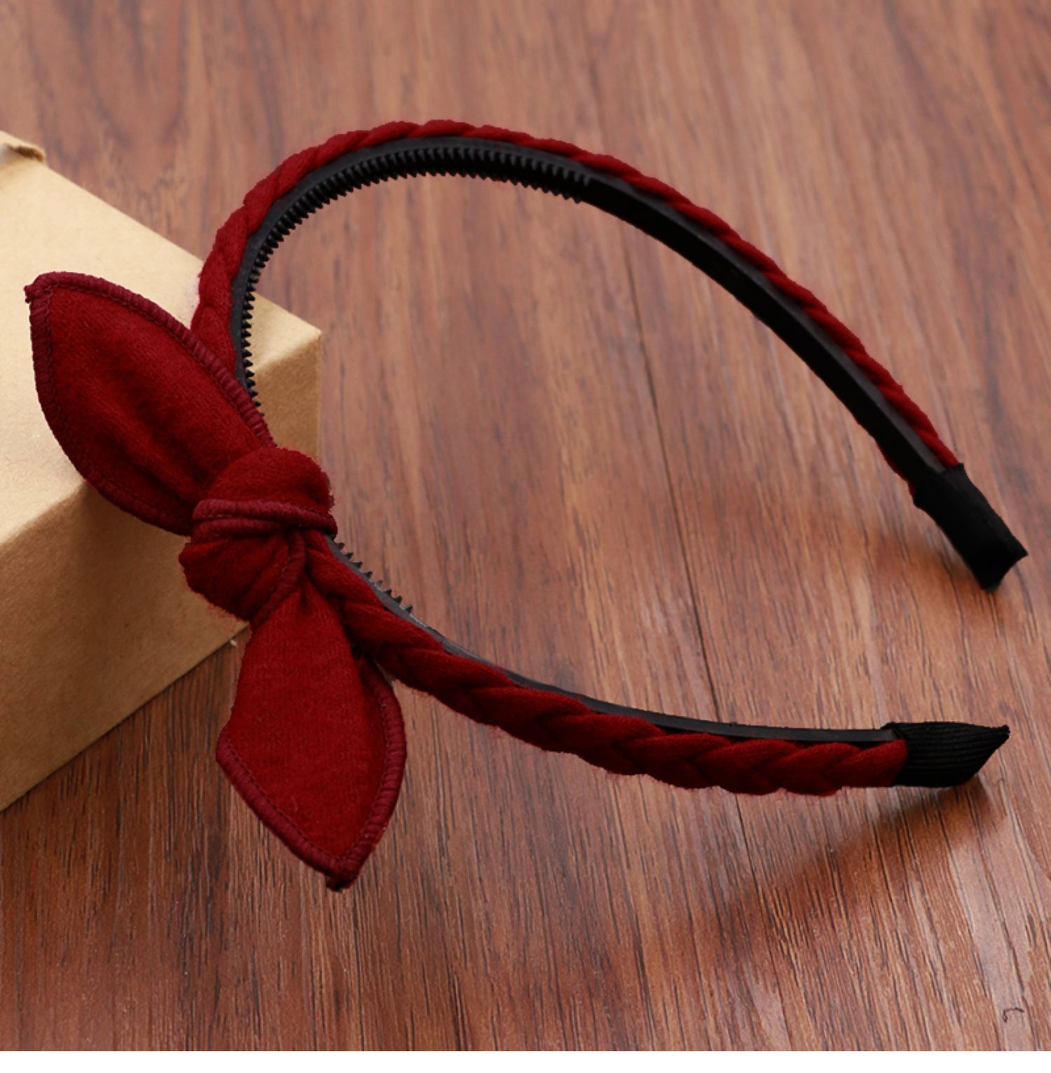 辫子发箍毛呢兔耳朵发卡儿女童带齿防滑头饰女孩压发夹子学生头箍酒红