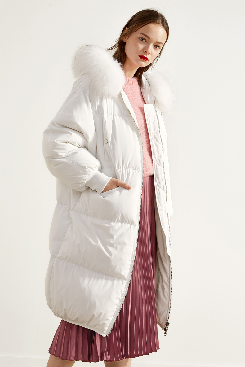 伊芙丽冬装新款宽松白色外套长款蓬松大毛领加厚羽绒服女