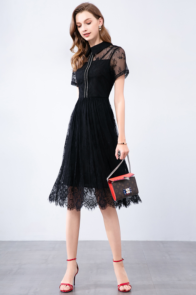 晩白新品纯色短袖收腰显瘦优雅气质a字名媛蕾丝连衣裙