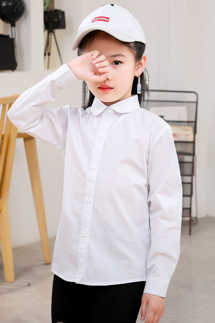 2021春夏季新款女童白色长袖衬衫纯棉洋气jk衣小孩儿学生校服短装