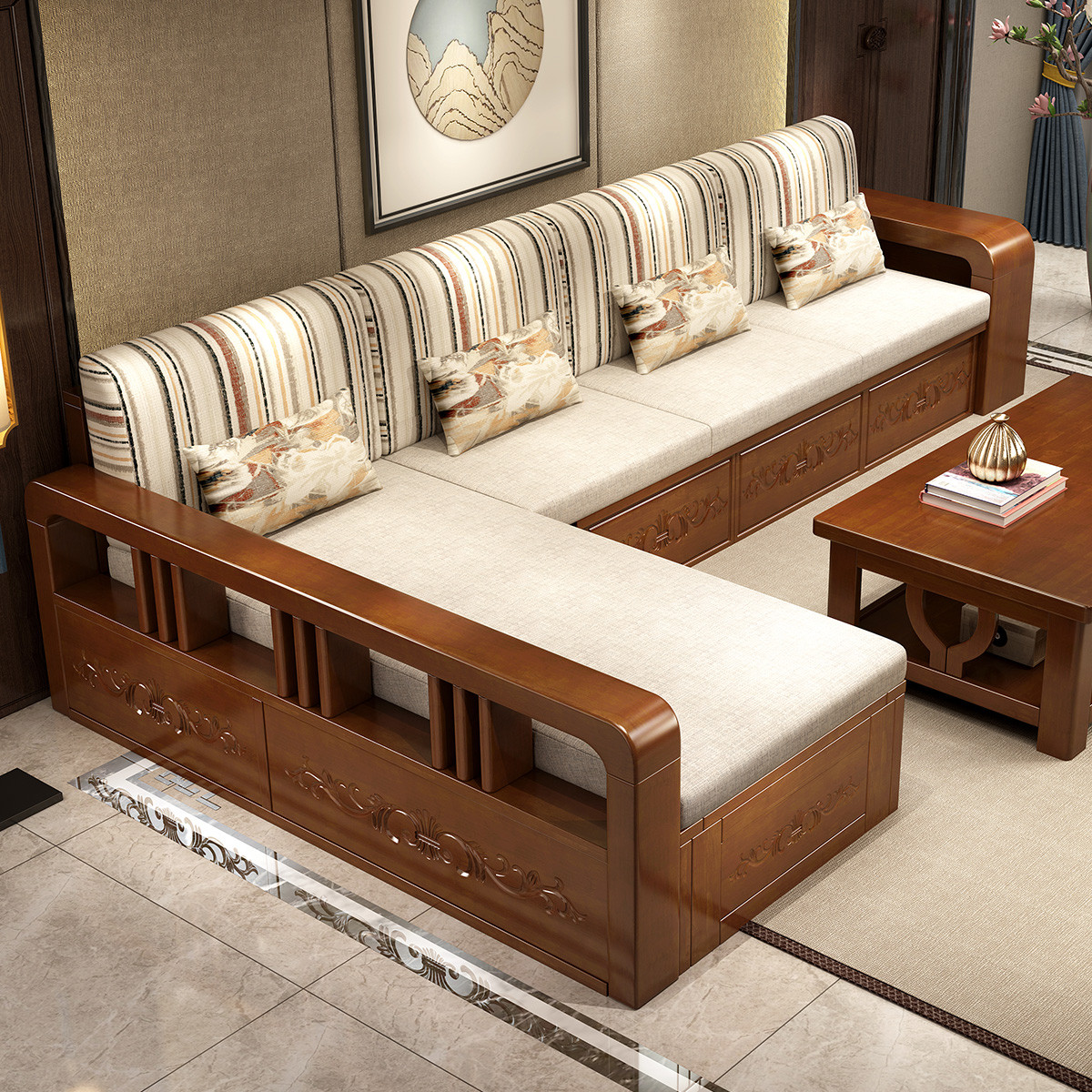 采百木caibaimu现代中式实木储物沙发组合贵妃转角客厅木质雕花冬夏