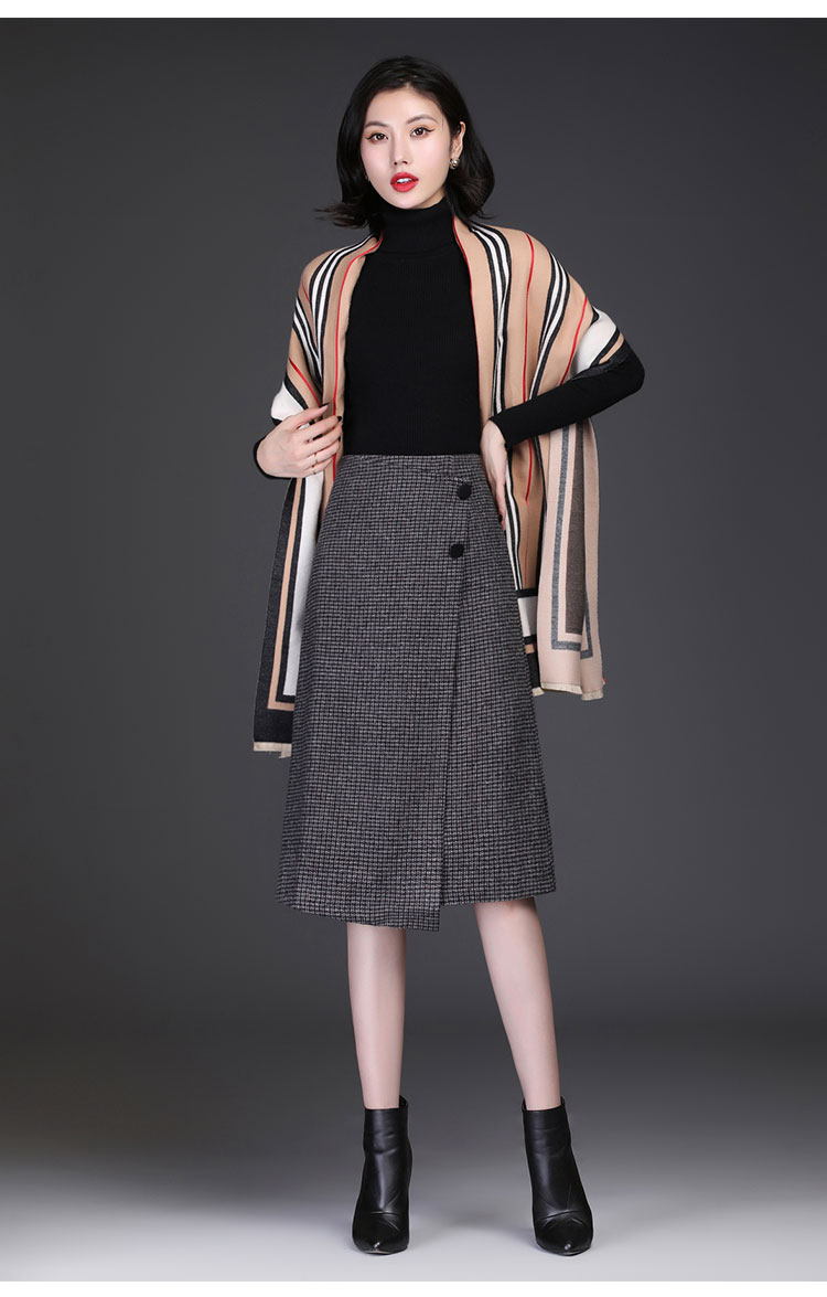 魅芷meizhi格子半身裙女中长款2020冬季新款开叉一步裙高腰千鸟格包臀