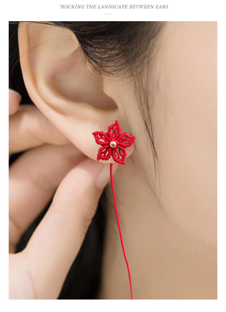 女人花小雏菊耳线手工编织花朵红绳纯银耳钉14k金饰品耳环耳饰女 jimi