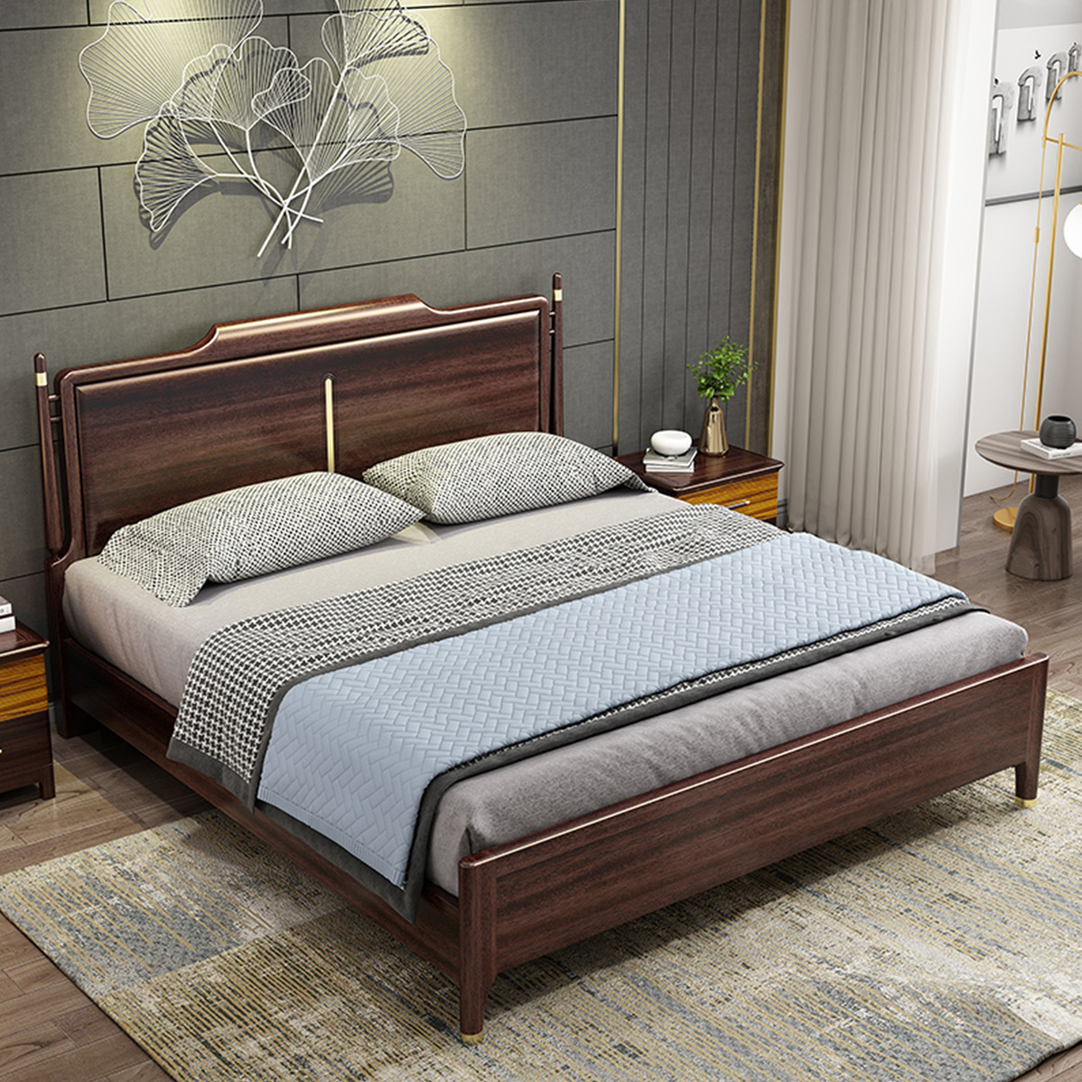 木格尚品 新中式胡桃木实木床现代简约主卧1.8米1.