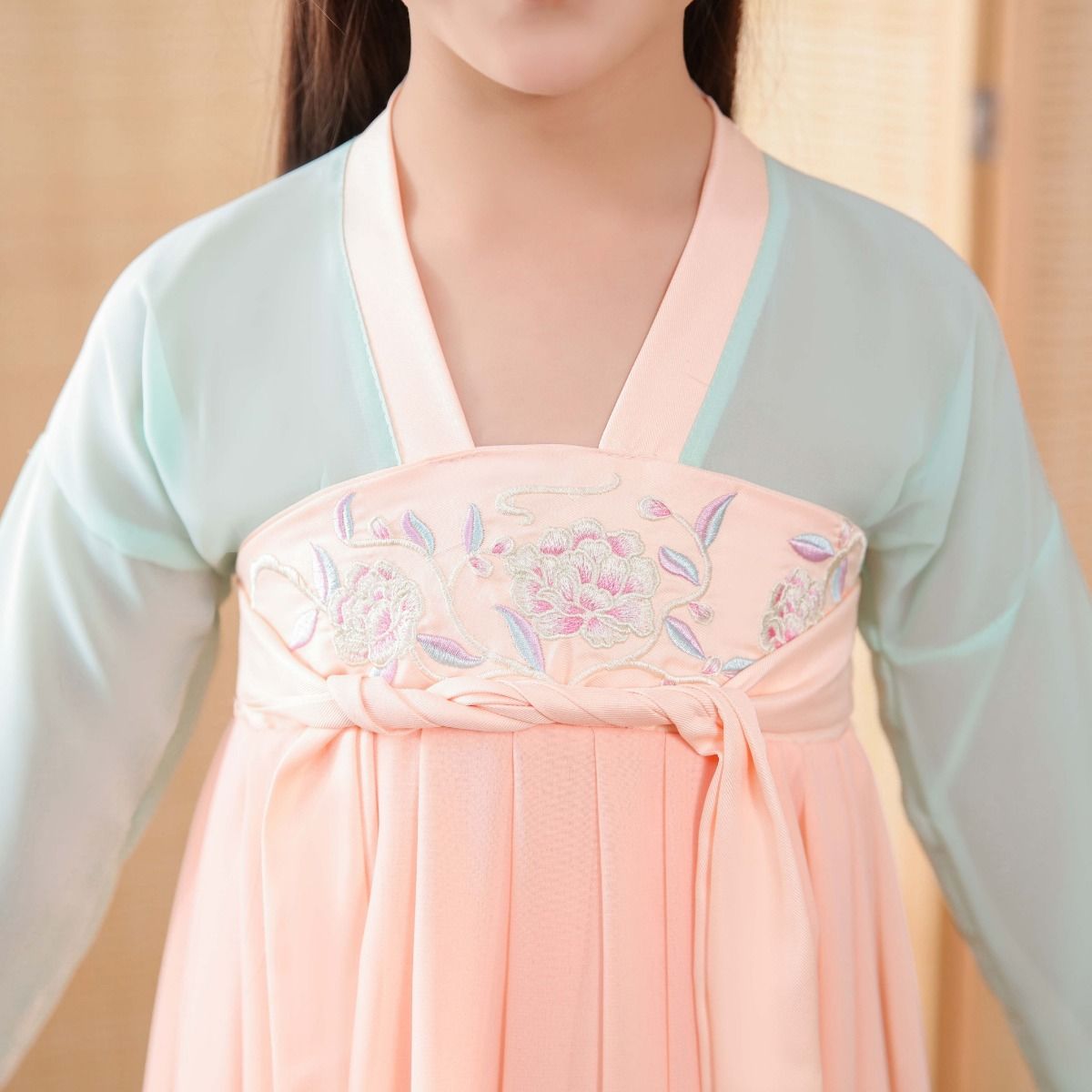 儿童汉服女童古装新款齐胸襦裙刺绣仙女纱裙粉色浅绿色上衣粉色纱裙