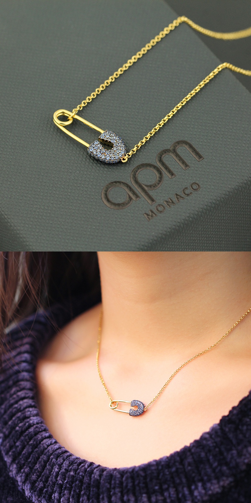 apmmonaco别针项链女趣味时尚锁骨链吊坠情侣款毛衣链银