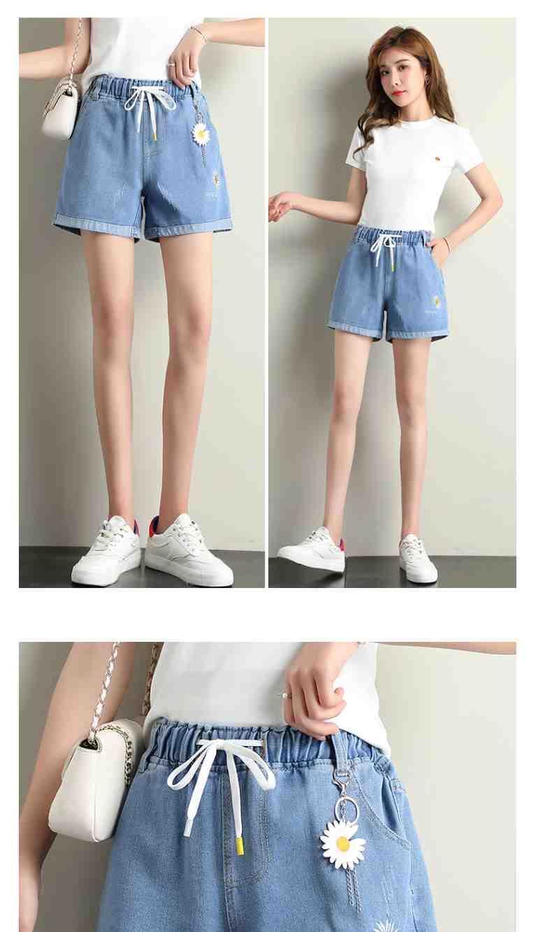 小雏菊牛仔短裤女宽松学生大童女孩少女初中生夏季薄款松紧腰短裤蓝色