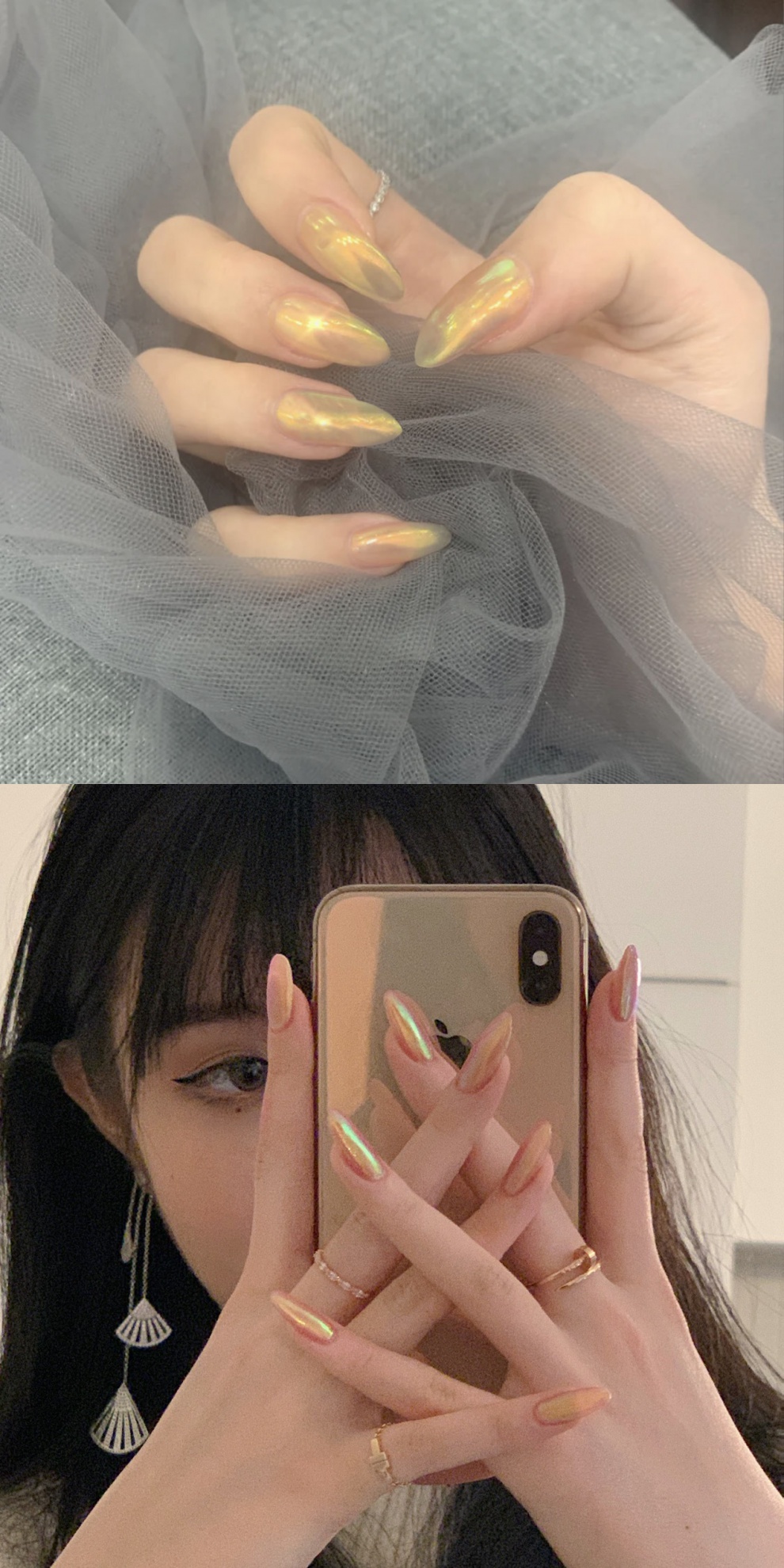 甲片网红极光粉美甲贴片中长款成品粉色镜面假指甲可拆卸ins甲片你