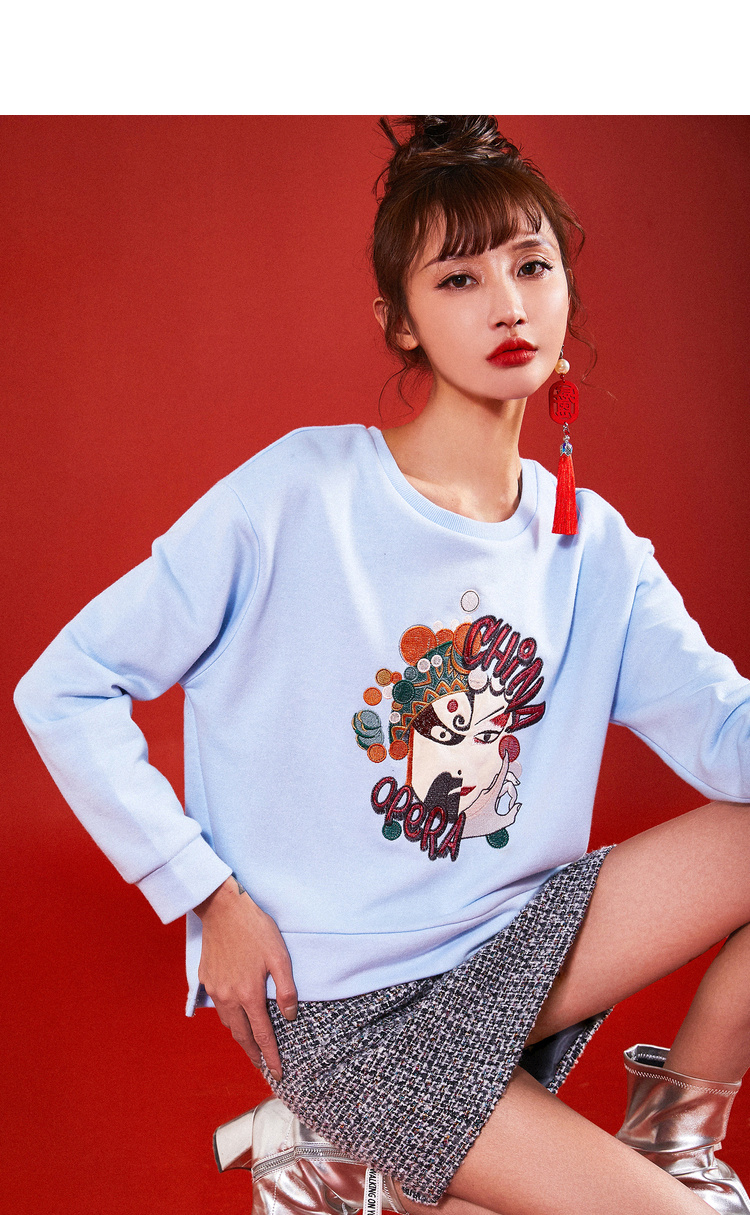 裂帛圆领卫衣女2020春季新款复古风脸谱刺绣国潮ins宽松百搭上衣