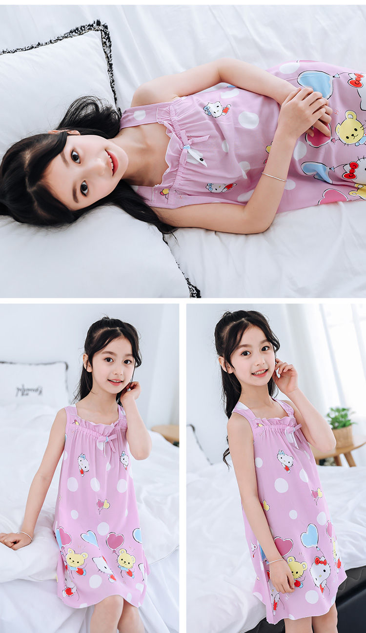 女童睡裙夏季绵绸女孩睡衣中大童吊带公主裙连衣裙儿童棉绸家居服