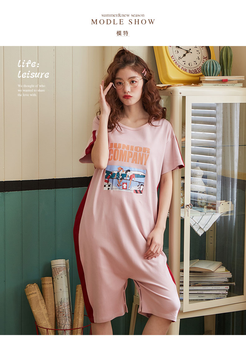 suntek薄款可外穿成人连体睡衣夏季女士短袖棉宽松可爱中长款睡裙两穿