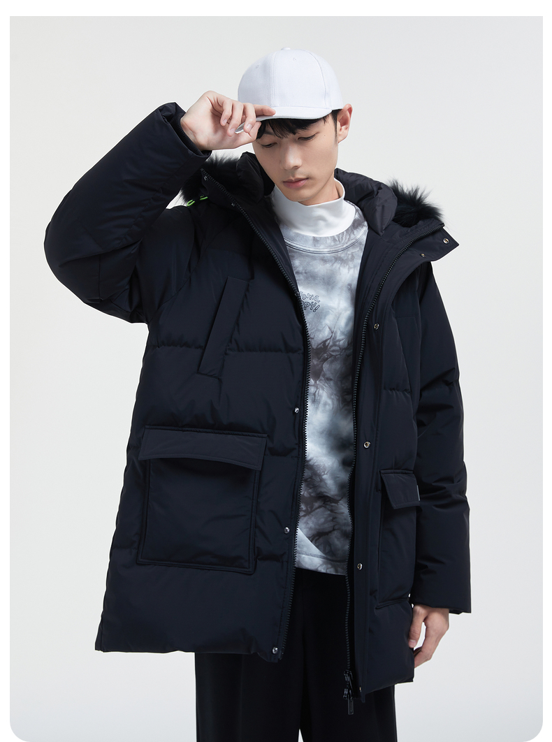 gxg男装2020年冬季黑色连帽中长款羽绒服男大毛领白鸭绒外套
