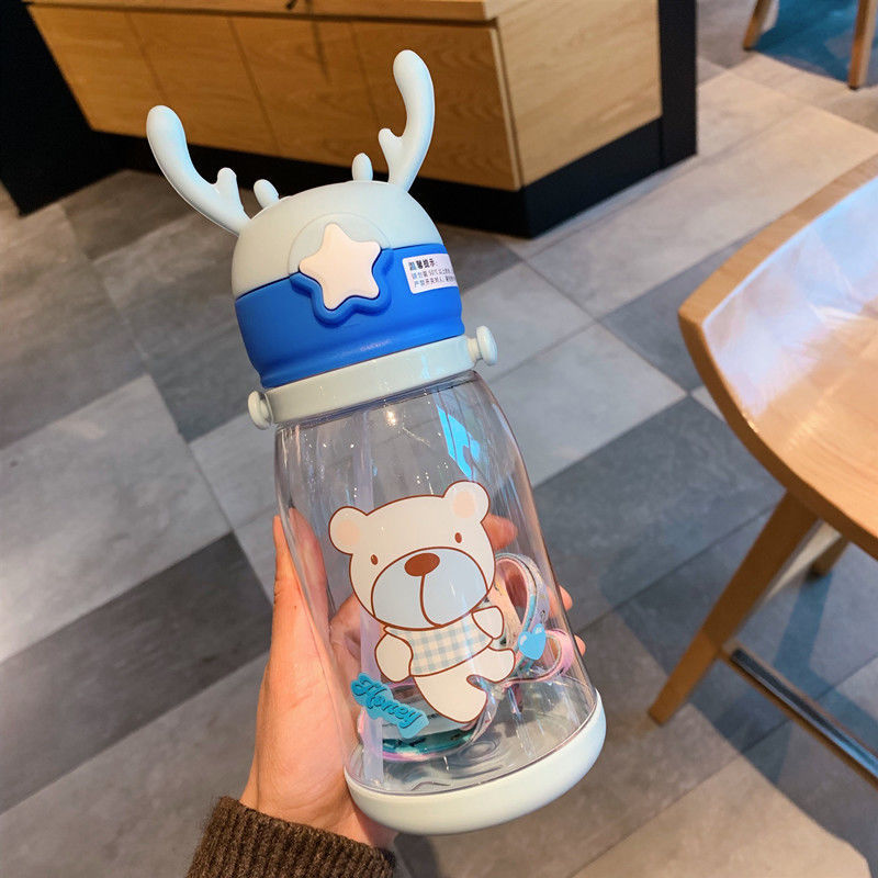 儿童水杯带吸管夏天用可爱防摔带挂绳直饮水杯子女孩男孩宝宝水壶绿色