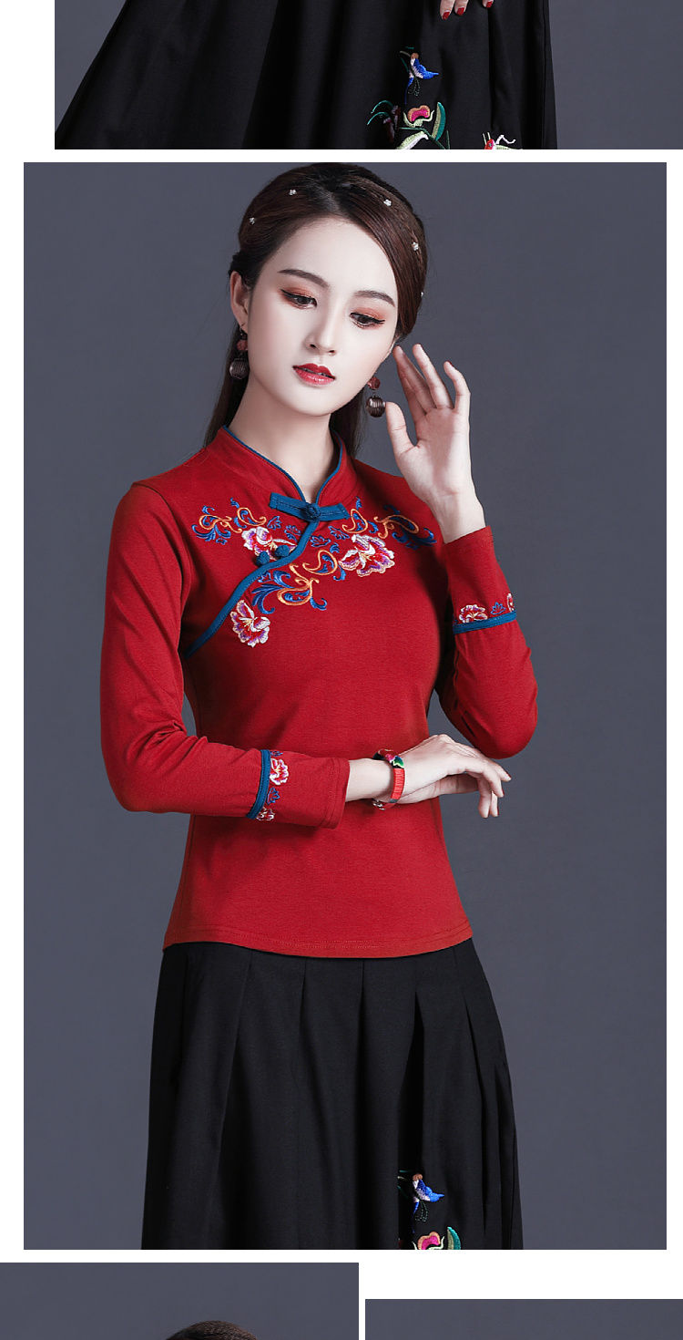 长袖民族风加绒上衣女秋冬装斜襟立领盘扣上衣复古中国风绣花t恤