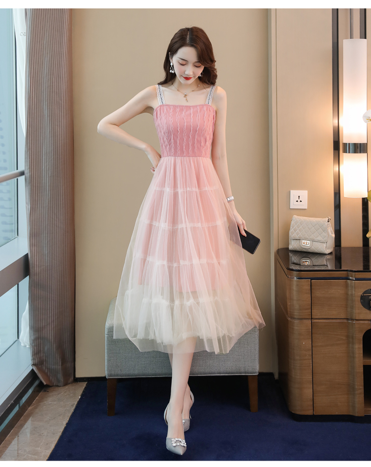 丝柏舍夏装女2019无袖中长款网纱吊带纯色连衣裙s92b0459l