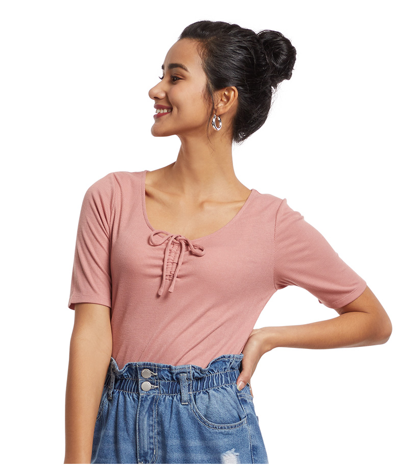 6ixty8ight68v领系带收口短袖t恤短身上衣tp08443