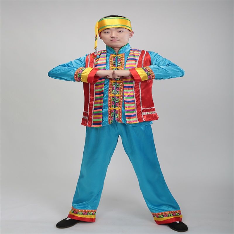 新款少数民族演出服装男装葫芦丝巴乌演出服壮族苗族彝族舞蹈男装黄色