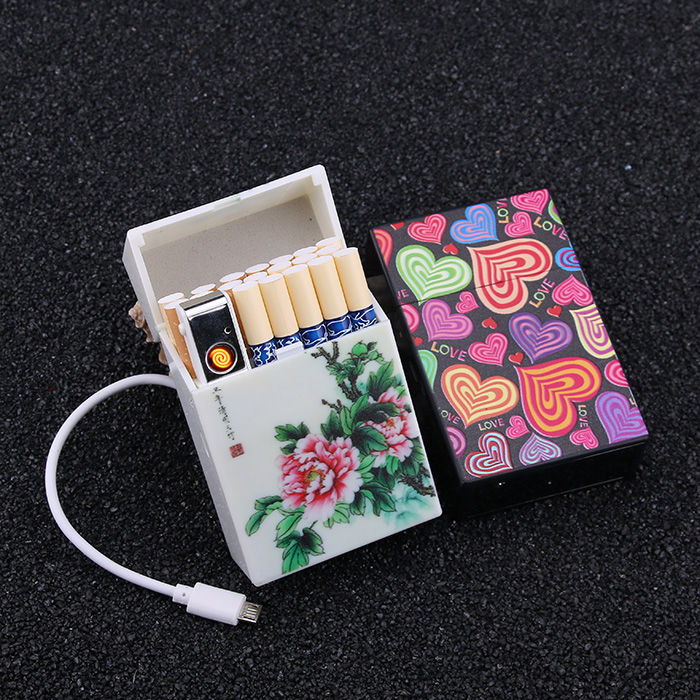 装19支自动翻盖香烟盒带usb充电打火机电弧超薄防风20支烟夹烟壳牡丹