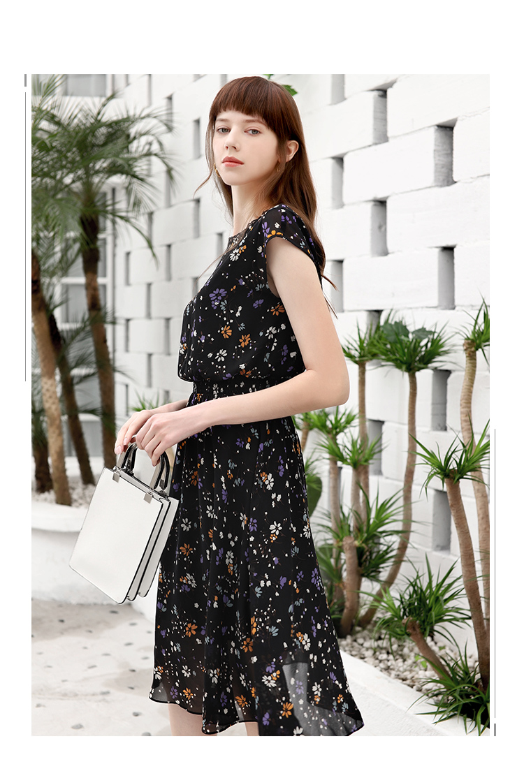 liedow/蕾朵高腰碎花雪纺连衣裙女2019夏法国复古裙山本 过膝裙子